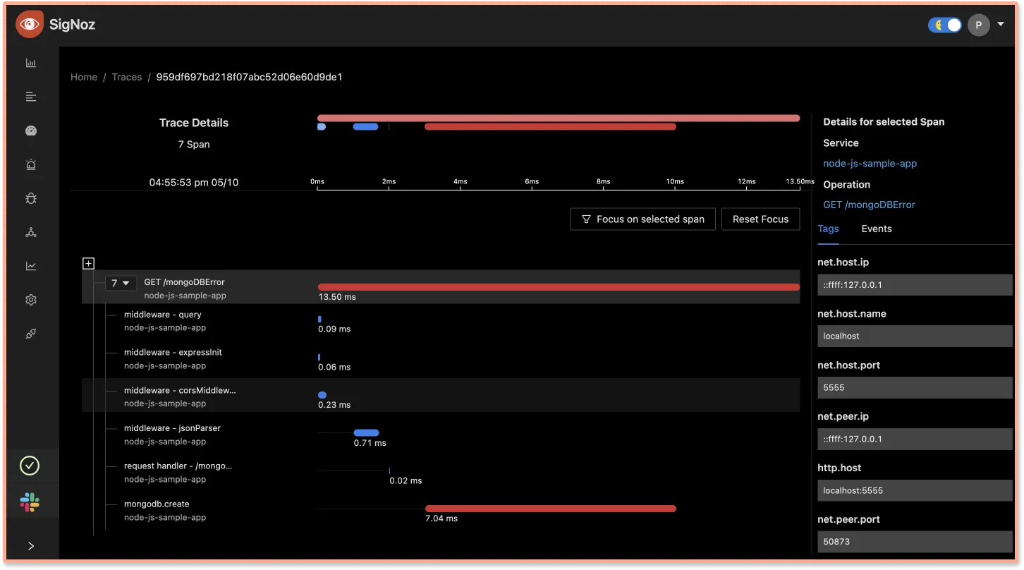 Trace visualization of MongoDB calls using Flamegraphs on SigNoz dashboard