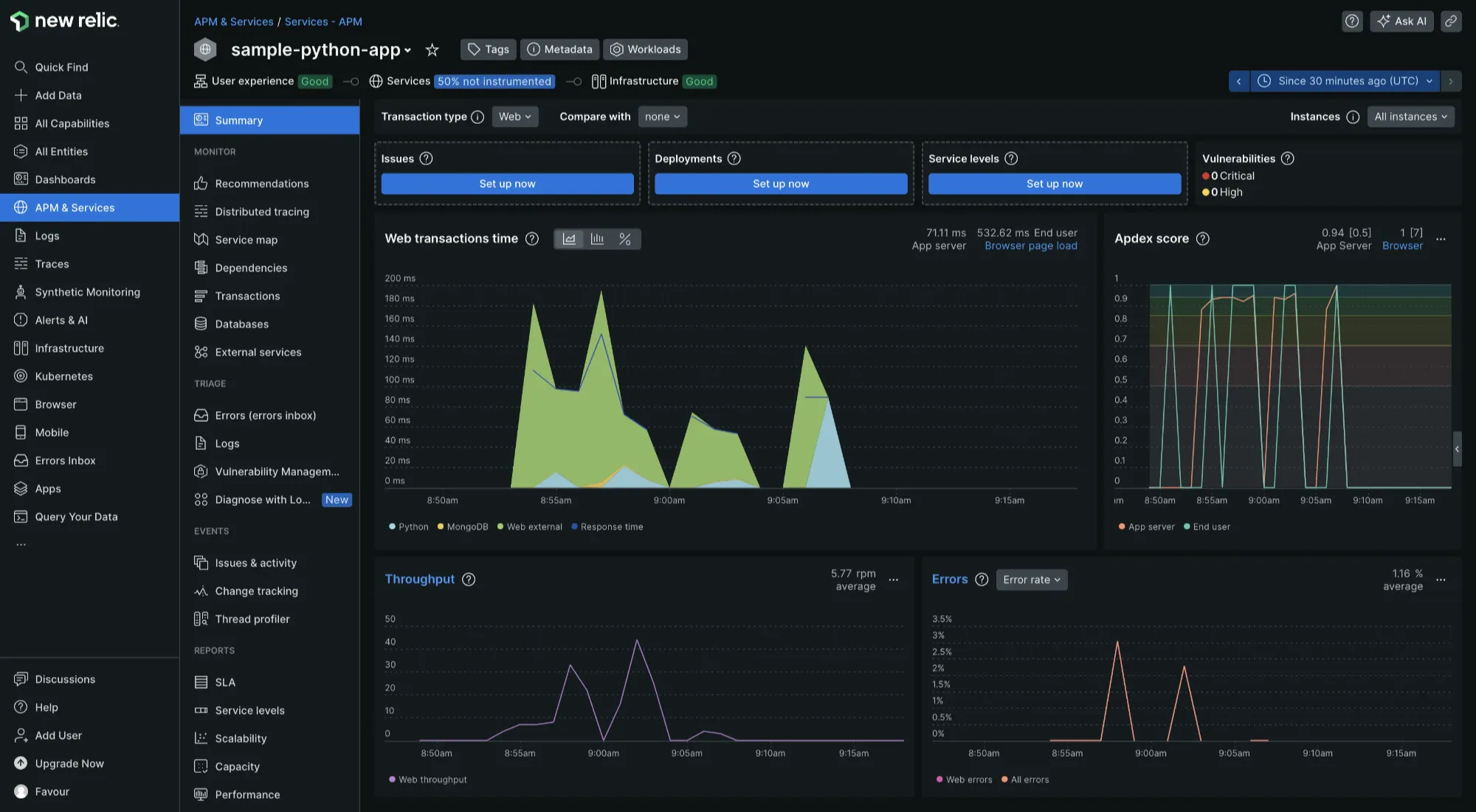 Python application being monitored in New Relic APM