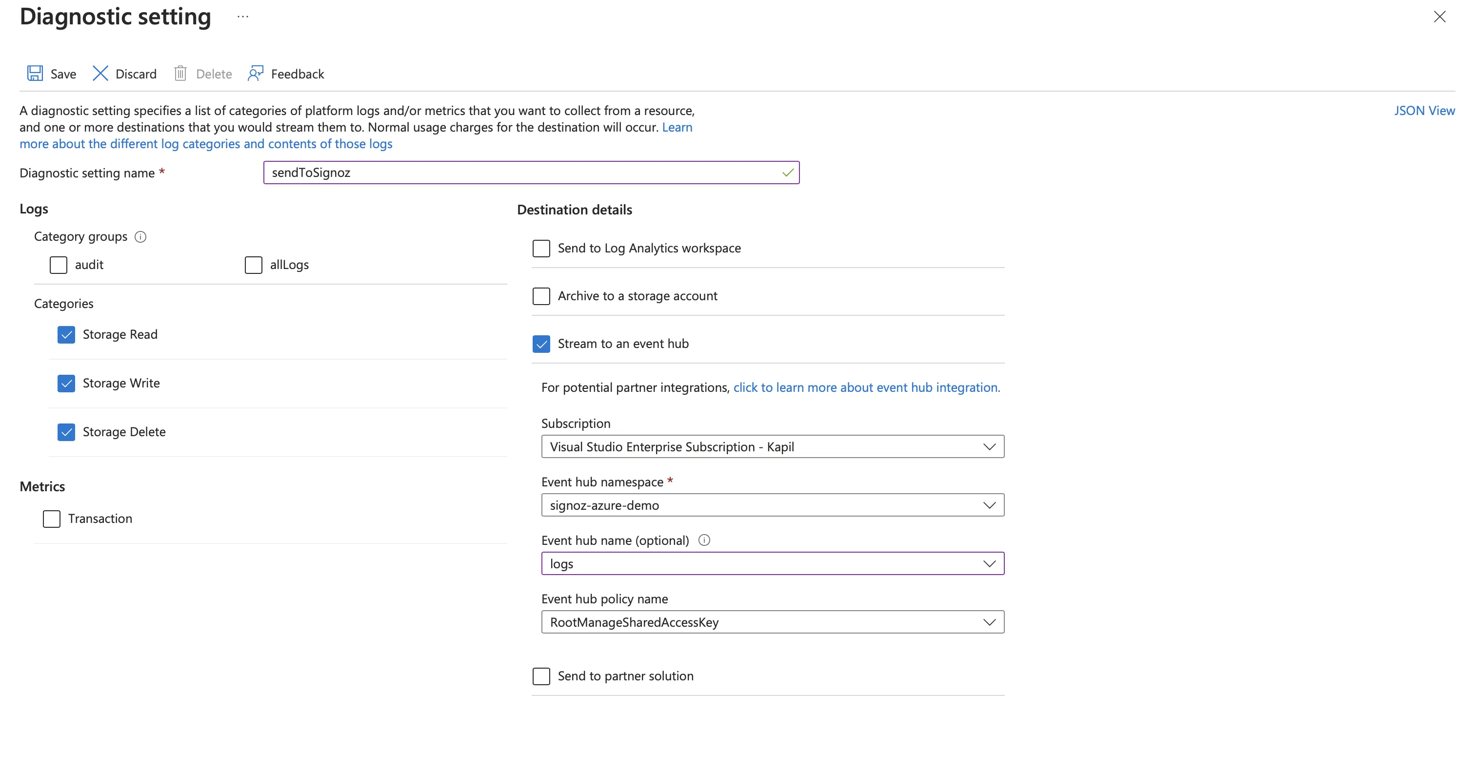 Blob Storage Diagnostic Settings