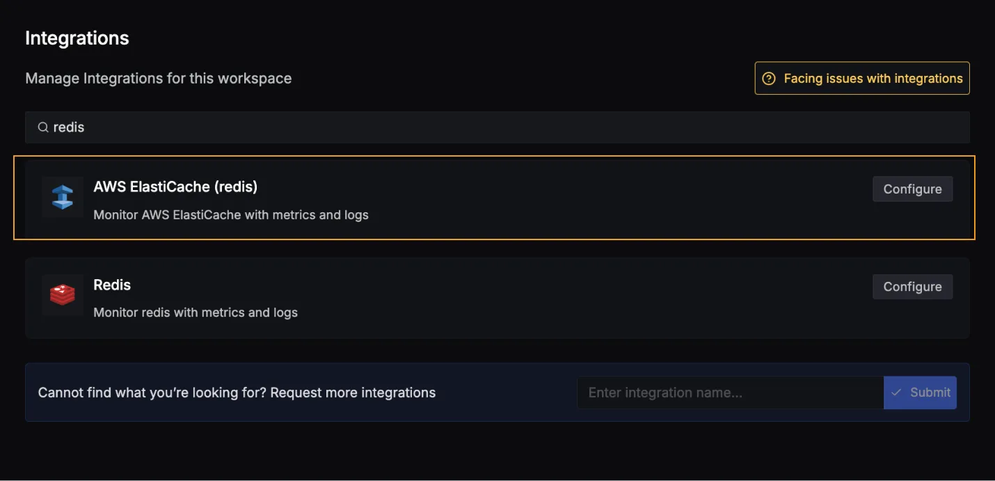 Search for AWS Elasticache (redis) in Integrations tab