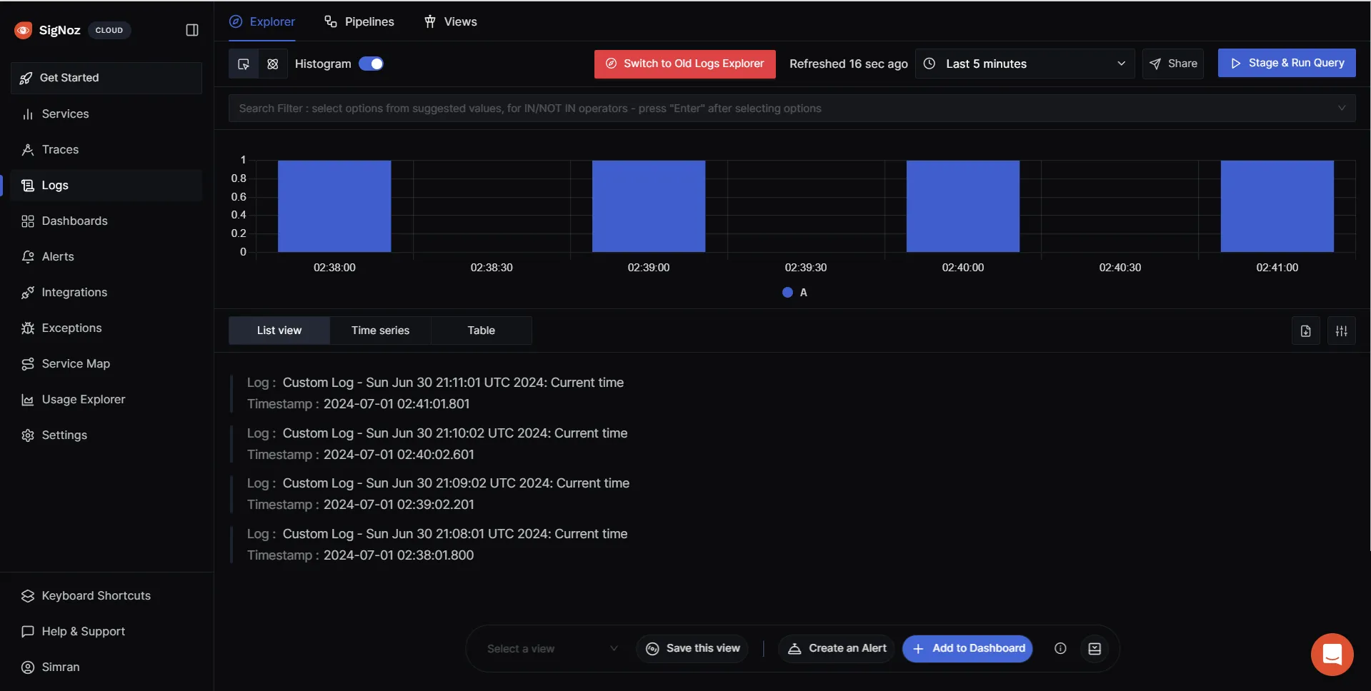 SigNoz Logs Explorer